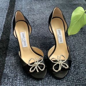 🖤JIMMY CHOO Black Satin and Jeweled Flower Heels